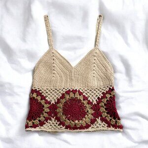 Boho Cream Crochet V-Neck Cami Crop Top with Burgundy Granny Square Design